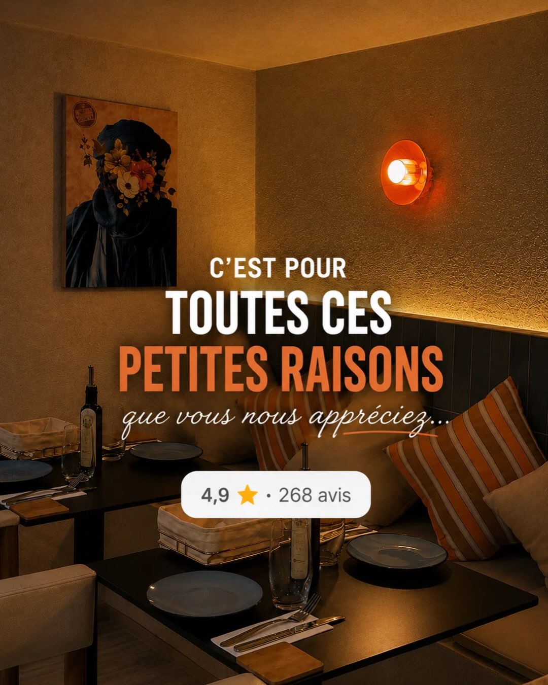 Salle chaude et feutrée d'Ô Rendez-Vous, notée 4,9 sur 268 avis